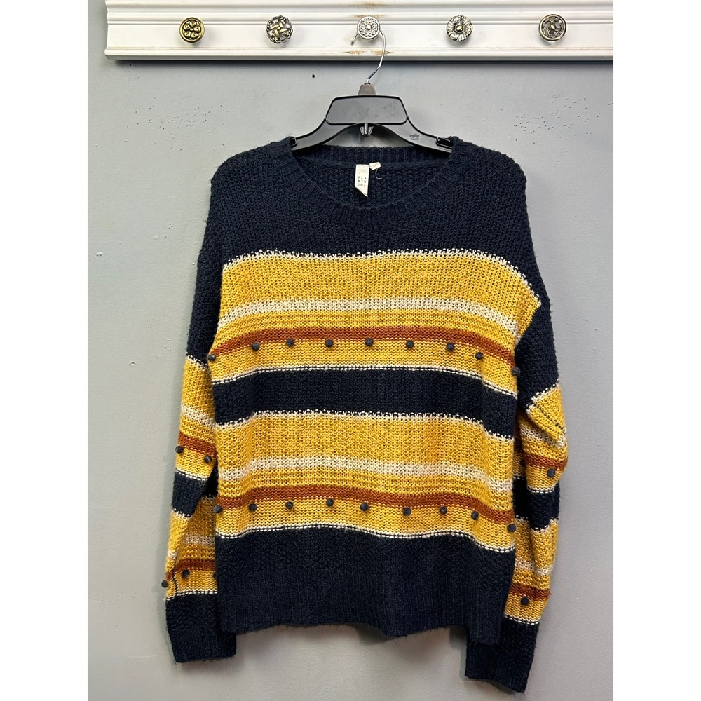 Flamingo Co Sweater Womens Medium Yellow‎ Navy Blue Striped Pom Pom Chunky Knit
